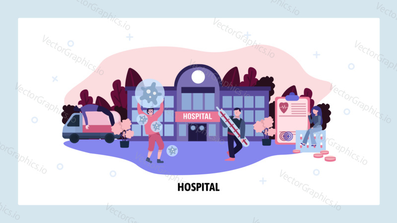 Virus epidemic concept. Hospital doctors fight infection. Ambulance car, sick patients. Medical care and health. Vector web site design template. Landing page website concept illustration.