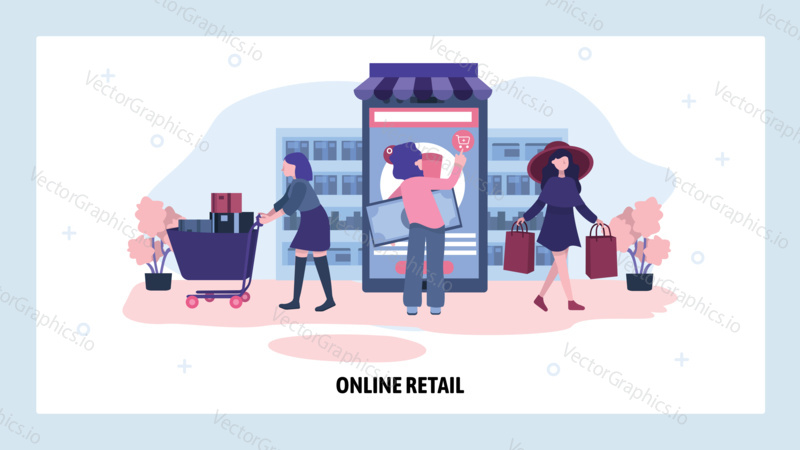 Online shopping concept. Woman visit online store and make payment on mobile phone. Business, technology, ecommerce. Vector web site design template. Landing page website illustration.