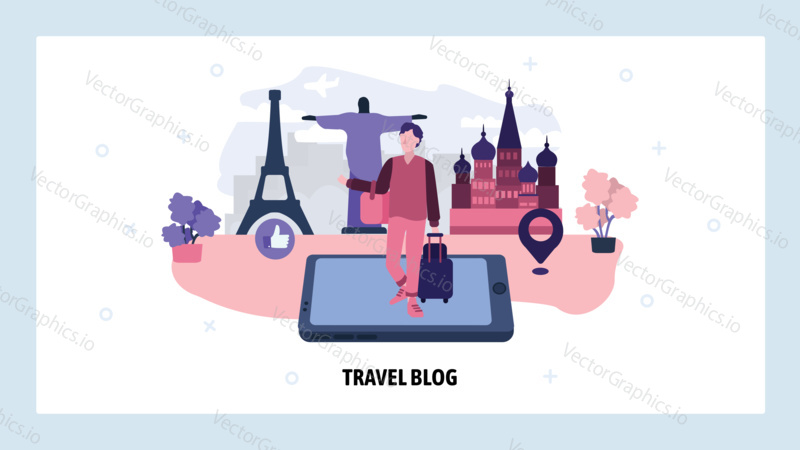 Man with travel bag visiting world landmarks. Travel blog and photo sharing. Holiday and adventure vacation photography.. Vector web site design template. Landing page website concept illustration.