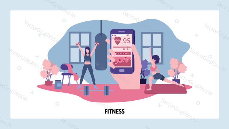 Fitness mobile phone application. Healthy lifestyle. Track your workout activity in a gym. Women exercise and monitor heart rate. Vector web site design template. Landing page concept illustration.