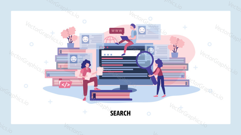 Search information and data on internet. People use computer to search on web. SEO marketing. Vector site design template. Landing page website concept illustration.