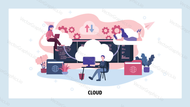 Cloud technology and data computing. Cloud storage service. Distributed business and developer team. Vector web site design template. Landing page website concept illustration.