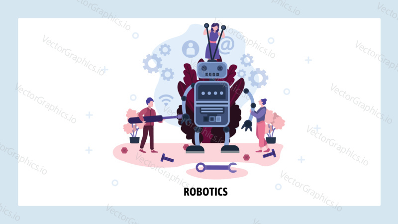 People build a robot. Robotics technology concept. Robot model constructor. Vector web site design template. Landing page website illustration.