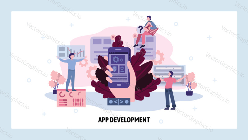 Team of developers create mobile phone application. Business app development concept. Vector web site design template. Landing page website illustration.