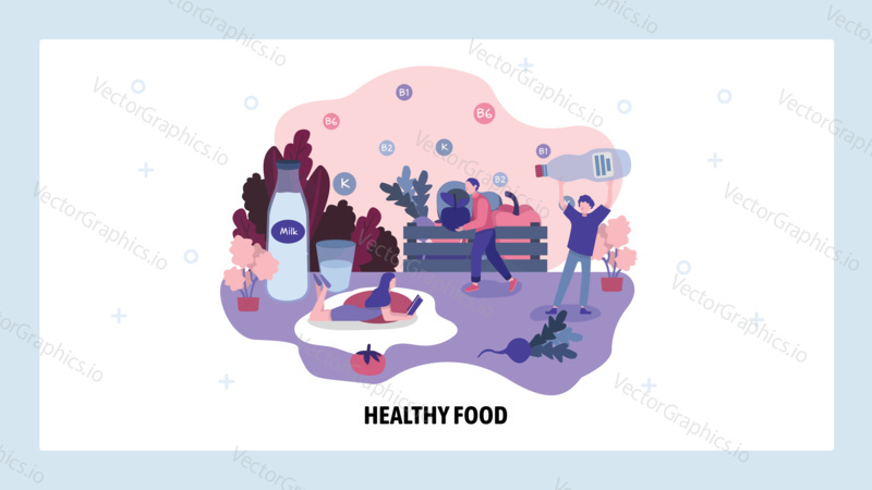Healthy food diet. People eat organic food with vitamins and nutritions. Vector web site design template. Landing page website concept illustration.