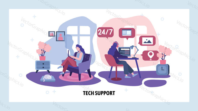 Tech customer support service. Online contact and call center to solve technical problems. Business hotline and helpdesk. Vector web site design template. Landing page website concept illustration.