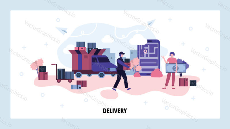 Fast delivery concept. Courier deliver package to customer home. Shipping service. Vector web site design template. Landing page website concept illustration.