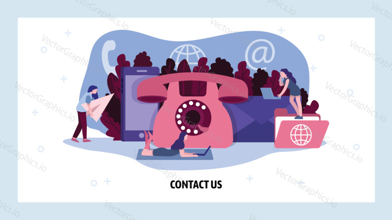 Contact us page. Business support service and helpdesk Old dial telephone. Vector web site design template. Landing page website concept illustration.