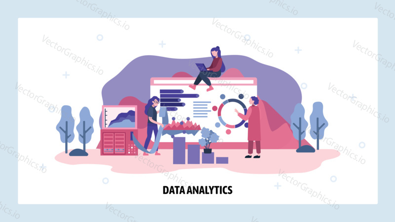 Data analytics team study financial report. Business analysis, technology, dashboard, charts. Vector web site design template. Landing page website concept illustration.
