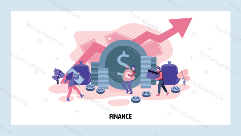Money growth and investment concept. People invest money in business and market. Cash, dollar sign, coins. Vector web site design template. Landing page website concept illustration.