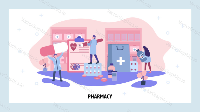 Pharmacy store concept. Online drugstore, doctor and nurse in hospital with prescription drugs. Vector web site design template. Landing page website concept illustration.