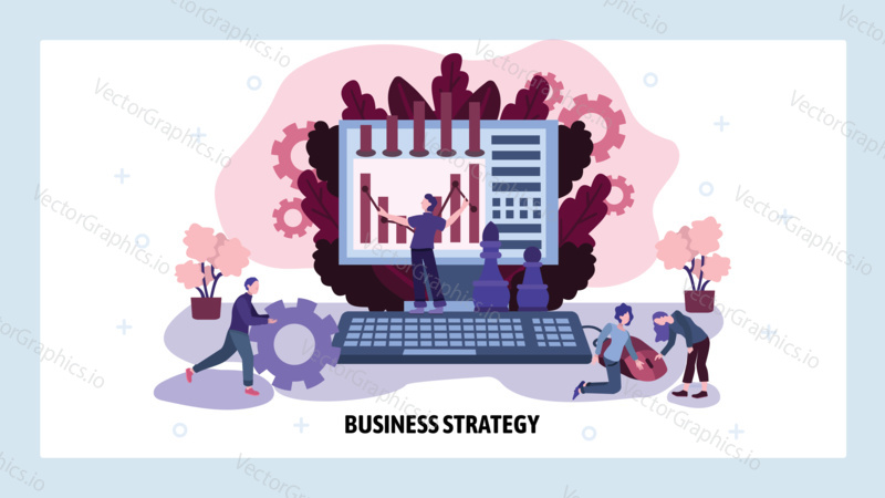 Business strategy plan and financial report concept. Teamwork, computer, technology. Vector web site design template. Landing page website concept illustration.