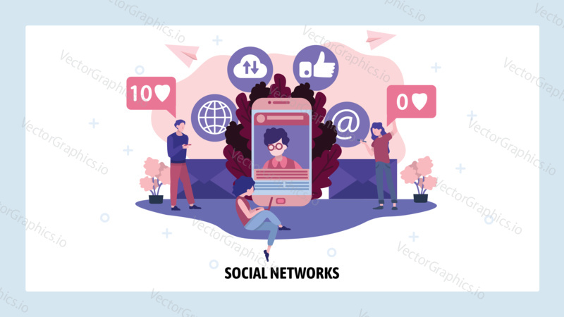 Social media concept. People post and share photo on social networks using mobile phone. Like and share. Vector web site design template. Landing page website illustration.