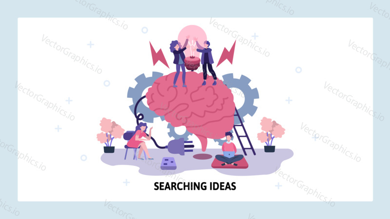 Searching creative ideas concept. Human brain connects to light bulb. People look for idea and brainstorm. Vector web site design template. Landing page website concept illustration.
