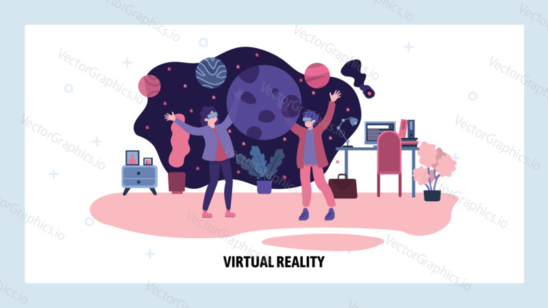 Virtual reality VR technology concept. People wear goggles and use VR and augmented reality device at home. Vector web site design template. Landing page website concept illustration.