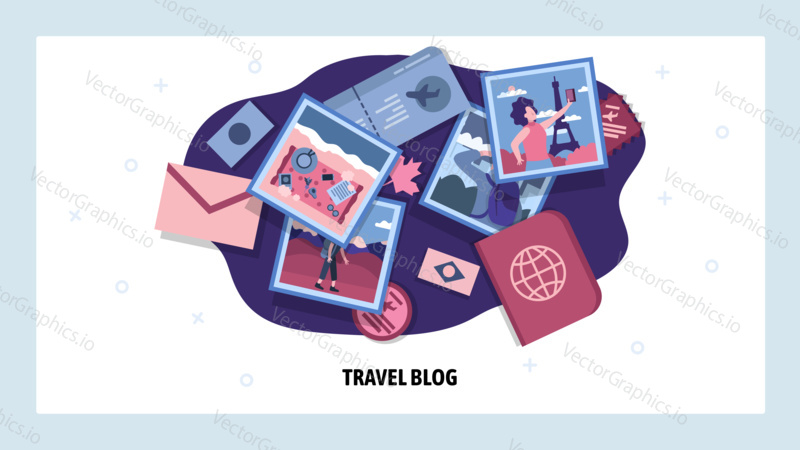 Travel blog and photo sharing. Social media marketing for tourism. Holiday and adventure vacation photography. Vector web site design template. Landing page website concept illustration.