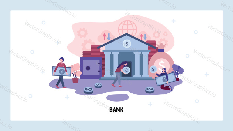 People save money in bank. Online banking and finance services. Bank building. Vector web design template. Landing page website concept illustration.