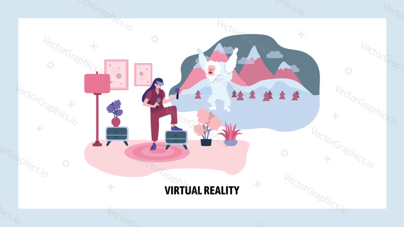 Virtual relity game. VR goggles and videogame console. Augmented reality technology. Vector web site design template. Landing page website concept illustration.
