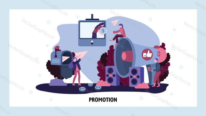 Marketing and direct sale promotion. Digital marketing business, communication channels, loudspeaker, advertising. Vector web site design template. Landing page website concept illustration.