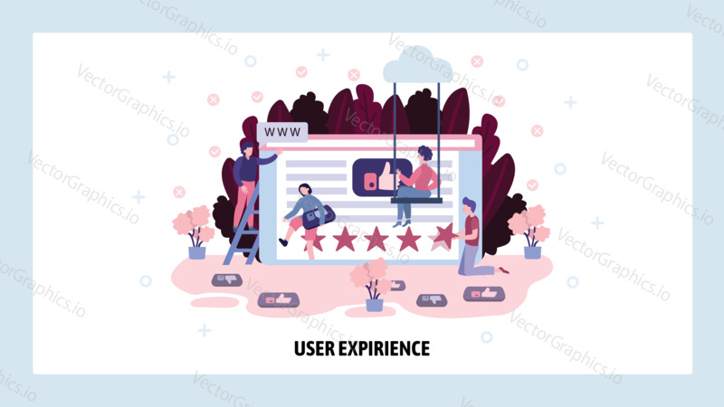 User experience and social reviews. Digital social media marketing, web wireframe, star rating, team create project content. Vector web site design template. Landing page website concept illustration.
