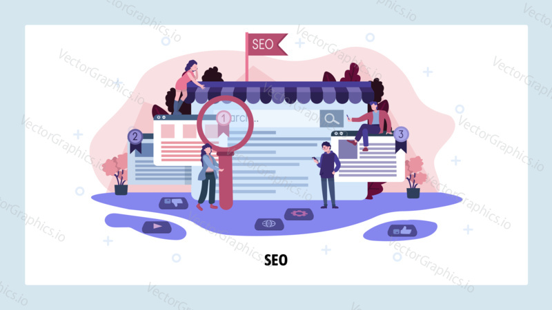 SEO marketing and web optimization. Business analytics, search technology, seo position, digital marketing team. Vector web site design template. Landing page website concept illustration.