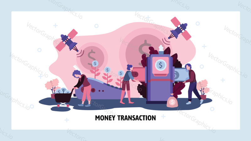 International money transactions. Cross-border money transfers. Digital online payment. Business terminal, satellite communication. Vector web site design template. Website concept illustration.