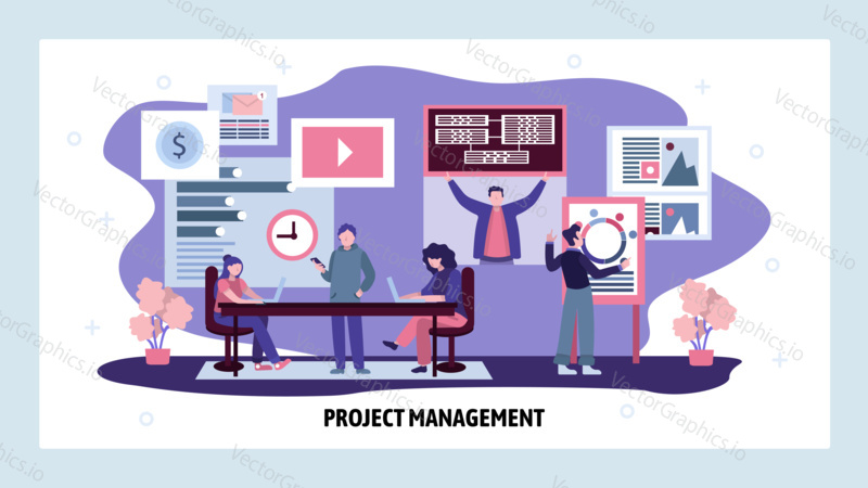 Project management and business analytics. Team meeting in office. Teamwork on business strategy. Vector web site design template. Landing page website concept illustration.