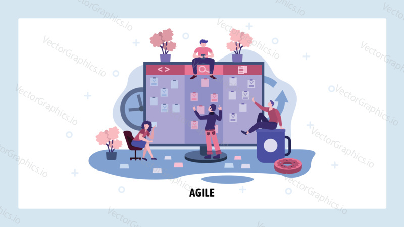Team work on project and check tasks on big kandan board. Agile and scrum board business management. Teamwork concept. Vector web site design template. Landing page website illustration.
