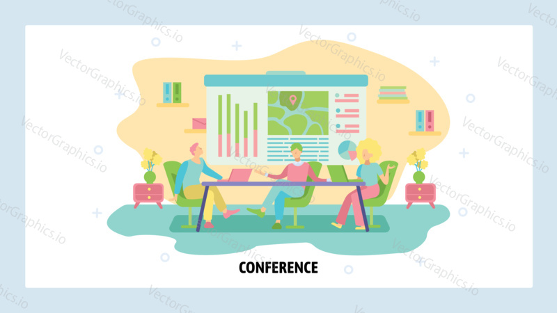 Business meeting and board conference concept. Business plan discussion, team in office, people. Vector web site design template. Landing page website illustration.