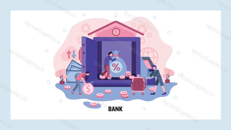 Bank and money safe box concept. Investment, deposit, cash savings, treasure. Vector web site design template. Landing page website illustration.