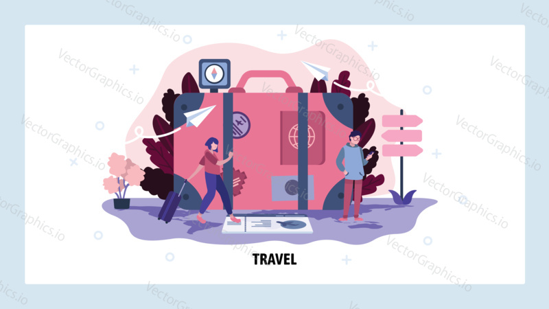Travel and vacation concept. Tourists with travel suitcase. Summer vacation. Vector web site design template. Landing page website illustration.