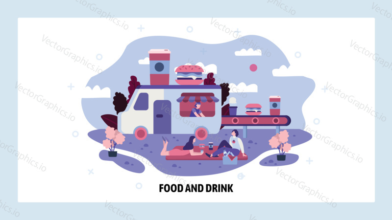 Couple relax in a park next to food truck. Fast food van, picnic, weekend activity, burger and soda. Vector web site design template. Landing page website illustration.