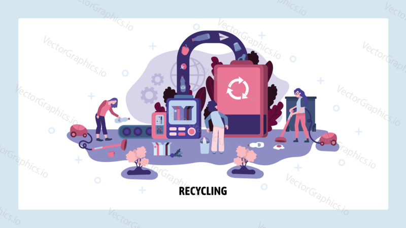 Garbage sorting and recycling factory. Trash recycle ecology concept. People collect waste ans send to recycle plant. Vector web site design template. Landing page website illustration.