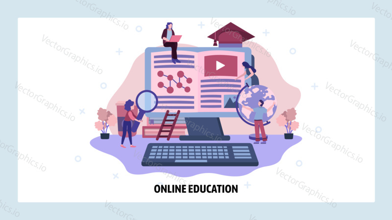 Online education and distance learning technology. Students read book and search information online. Vector web site design template. Landing page website illustration.