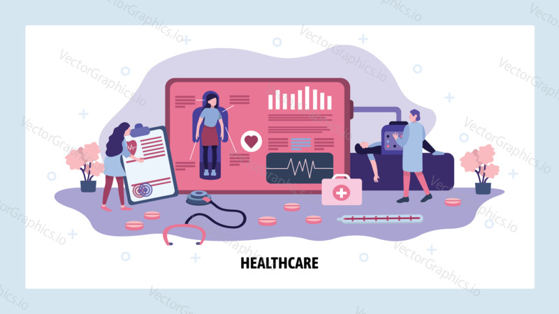 Healthcare medical check up, screening and examination. Doctor in hospital check patient health. Vector web site design template. Landing page website illustration.