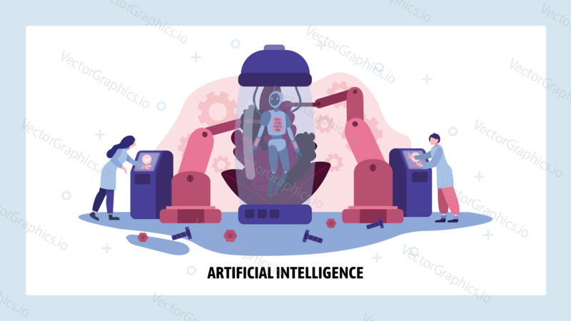 People build robot with artificial intelligence. AI technology future concept. Smart android manufactoring. Vector web site design template. Landing page website illustration.