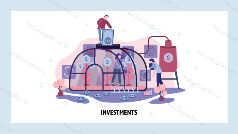 People plant money tree in greenhouse. Money investment and venture fund business, startup growth. Financial success. Vector web site design template. Landing page website illustration.