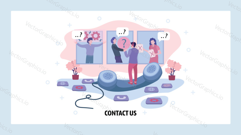 Technical customer support call center. Hotline operator chat with clients and solve problems. Company contact us concept. Vector web site design template. Landing page website illustration.