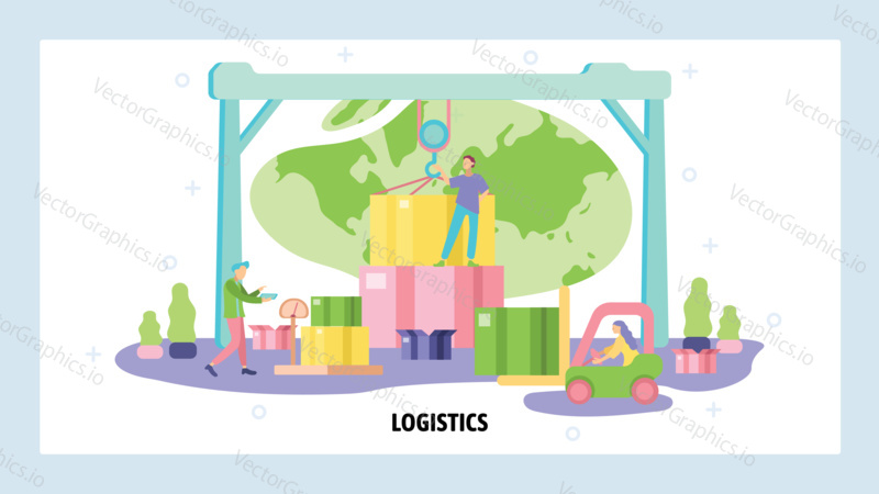 Global logistics and delivery concept. Warehouse workers, forklist, packages, storage. Vector web site design template. Landing page website illustration.