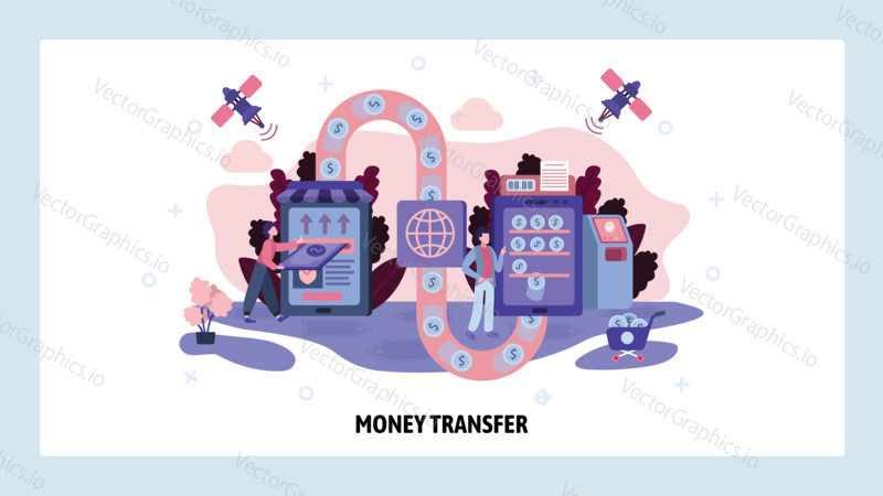 International money transfer technology. Online payment transaction, global money flow. Vector web site design template. Landing page website illustration.