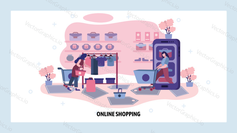 Women buy clothes in fashion store. Online shopping concept. Season sales, accessories shop. Vector web site design template. Landing page website illustration.