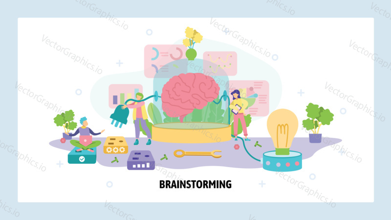 Human brain connected to plug and light bulb. Creative idea and brainstorm concept. Human mind, thinking process, memory. Vector web site design template. Landing page website illustration