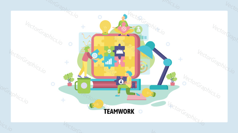 Teamwork concept. People build puzzle together. Partnership, team work, business strategy, office management. Vector web site design template. Landing page website illustration