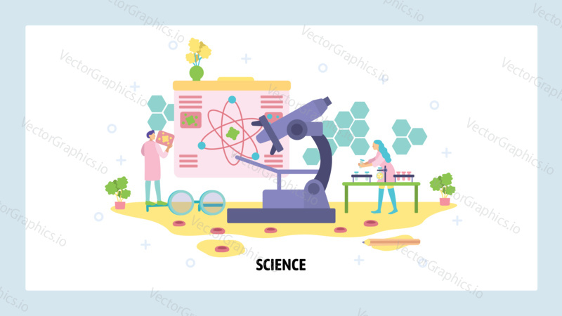 Science and technology poster. Scientists, microscope, research, physics. Atom structure. Vector web site design template. Landing page website illustration