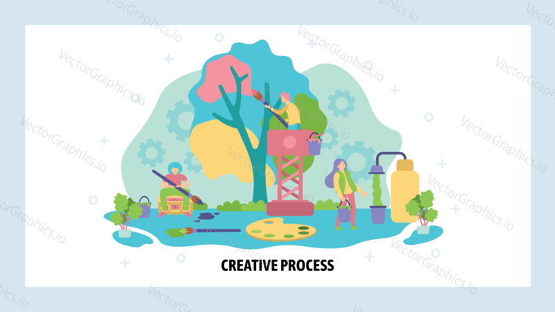 Creative artists paint tree. Art, design and creativity concept. Painting palette, colors, people. Vector web site design template. Landing page website illustration