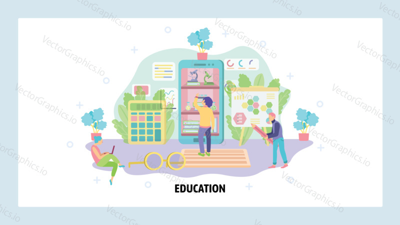 Home education and school classroom. Students in a room studying. Digital school, knowledge, virtual class. Vector web site design template. Landing page website illustration