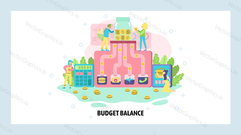 Home budget and family finance. Money spending flows, costs and expences planning. Personal savings. Vector web site design template. Landing page website illustration