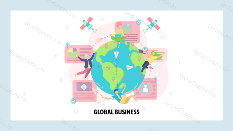 Global business concept. International communication, business team, satellite network. Vector web site design template. Landing page website illustration