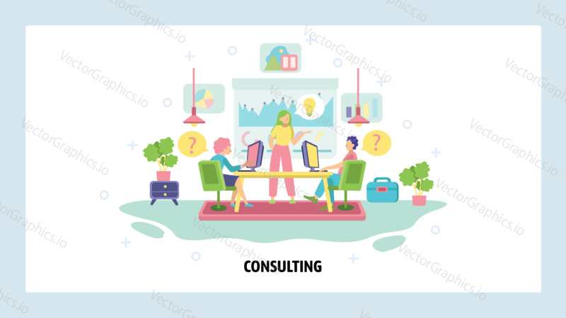 Business meeting and conference. Teamwork in office, business presentation and consulting. Consulting, coaching and training. Vector web site design template. Landing page website illustration