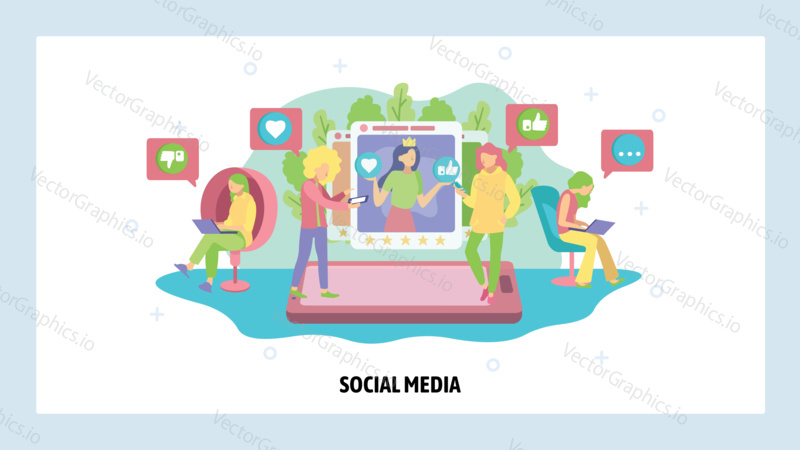 Social media and photo sharing technologies. People follow blogs, share, likes, post comments using mobile phone. Vector web site design template. Landing page website illustration